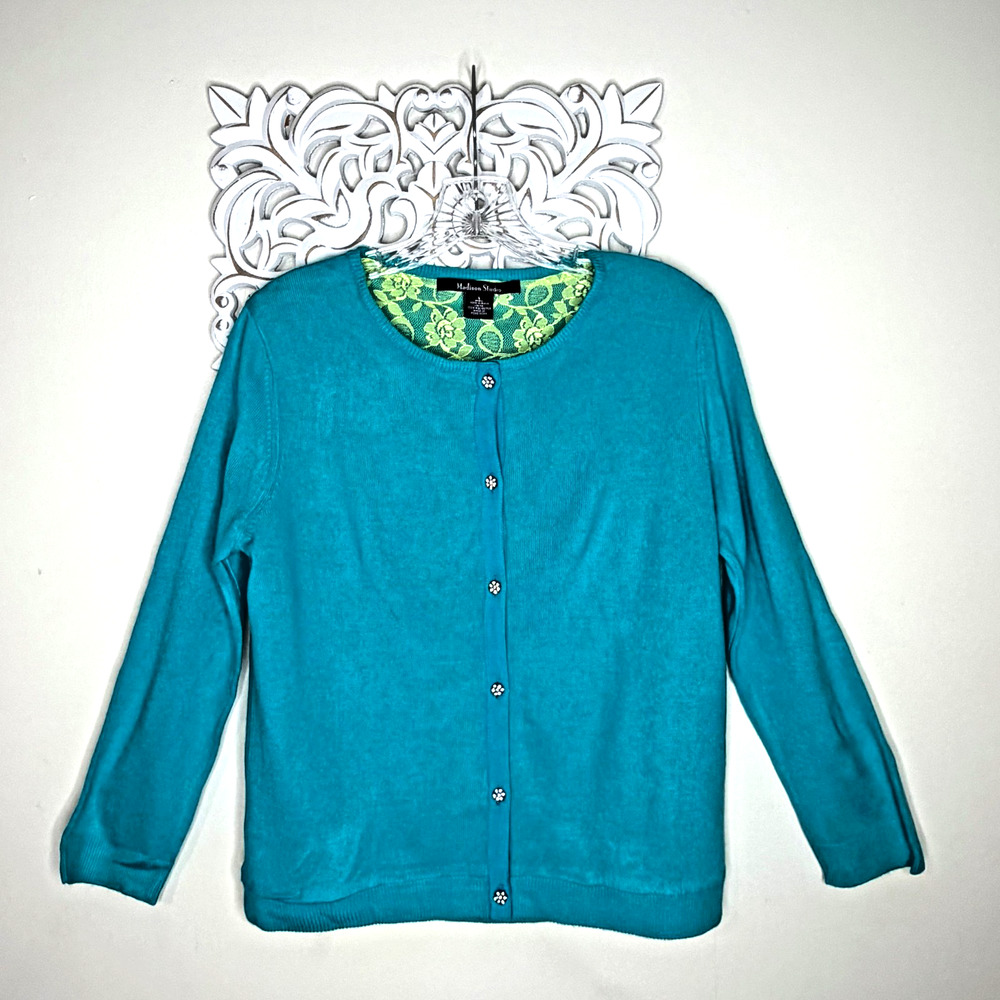 VTG Madison Studio Women's LARGE Cardigan Jewel Buttons Made in Hong Kong AQUA